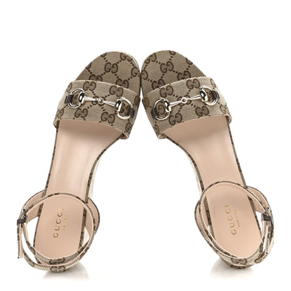 Gucci Monogram Nappa Chalotte Horsebit Ankle Strap 75mm Flatform Sandals 37.5 Beige Ebony 2 of 8