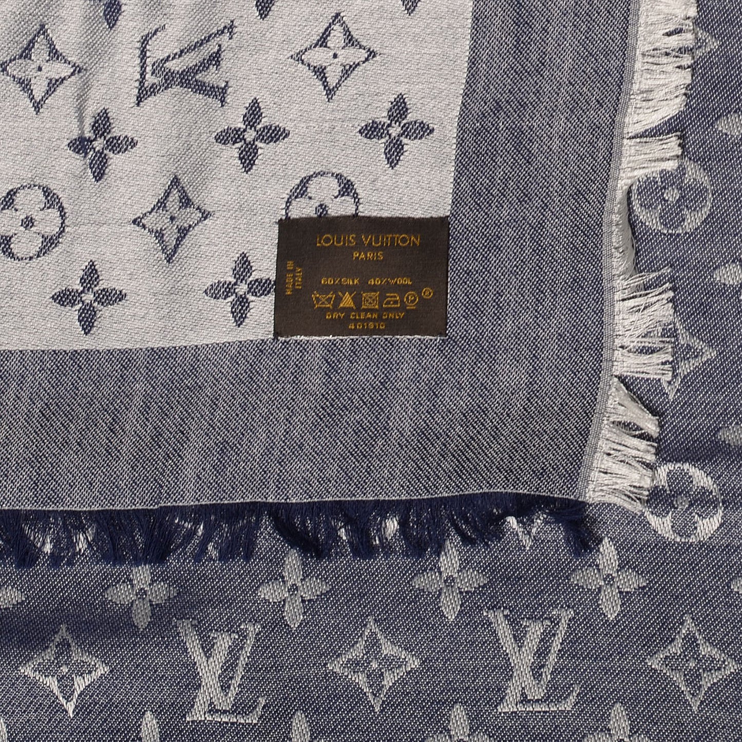 Wool Silk Monogram Denim Shawl Blue