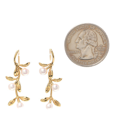 Mikimoto 18K Yellow Gold Akoya Pearl Olive Leaf Earrings 2 of 4