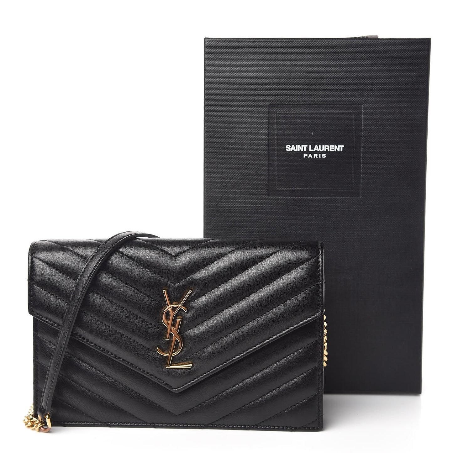 Calfskin Matelasse Chevron Monogram Envelope Chain Wallet Black