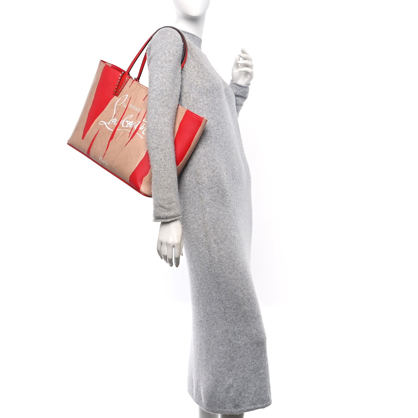 Calfskin Spikes Loubi Print East West Cabata Tote Kraft Red