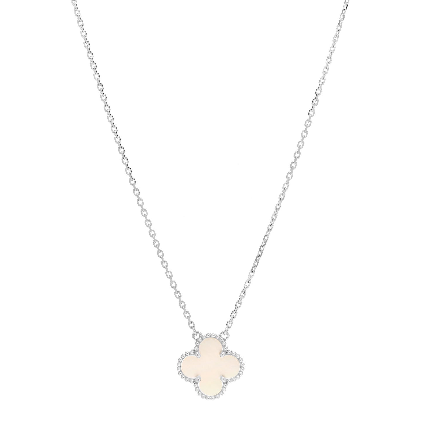 18K White Gold Mother Of Pearl Vintage Alhambra Pendant Necklace