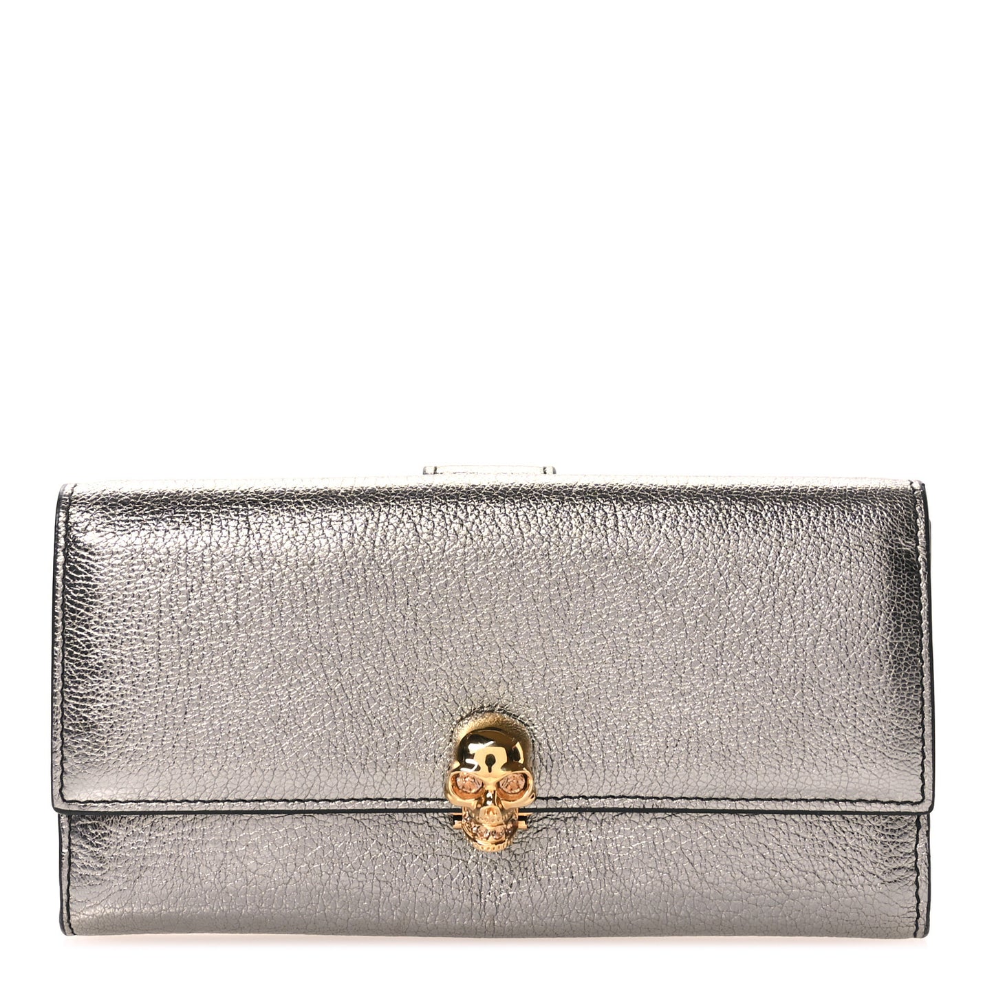 Metallic Calfskin Skull Continental Wallet Gunmetal