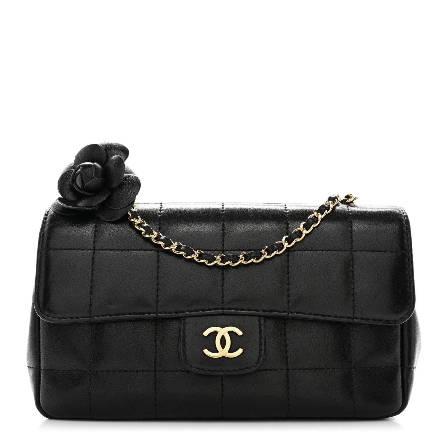 Lambskin Quilted Mini Chocolate Bar Camellia Flap Black