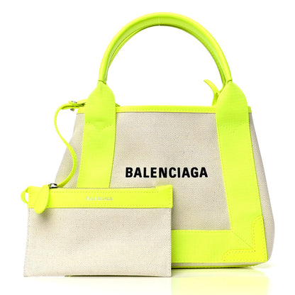 Balenciaga Cotton Canvas Satin Calfskin Navy Cabas XS Natural Fluo Yellow 1 of 4