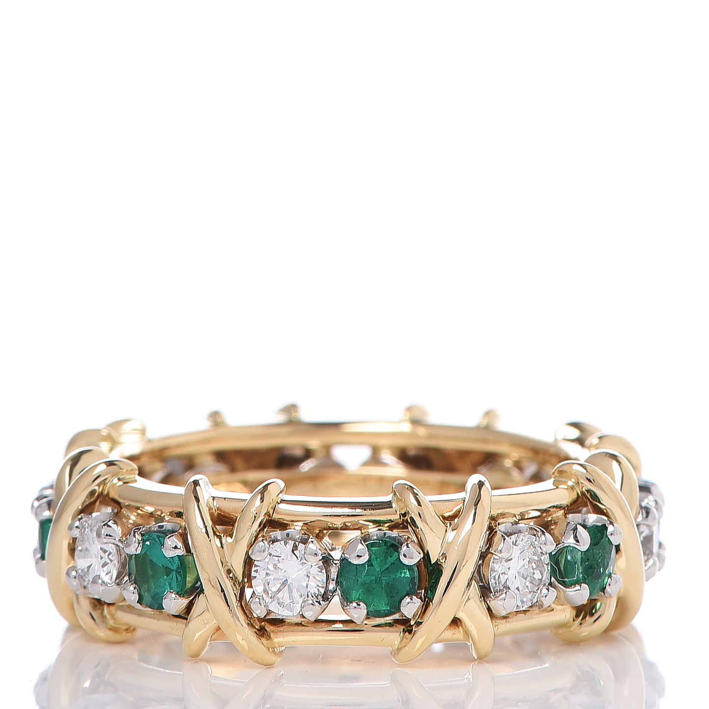 18K Yellow Gold Platinum Diamond Emerald Schlumberger Sixteen Stone Ring 55 7
