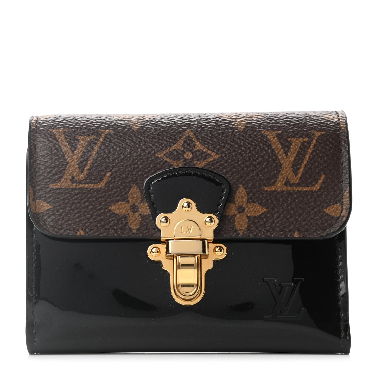 Patent Calfskin Monogram Cherrywood Compact Wallet Black
