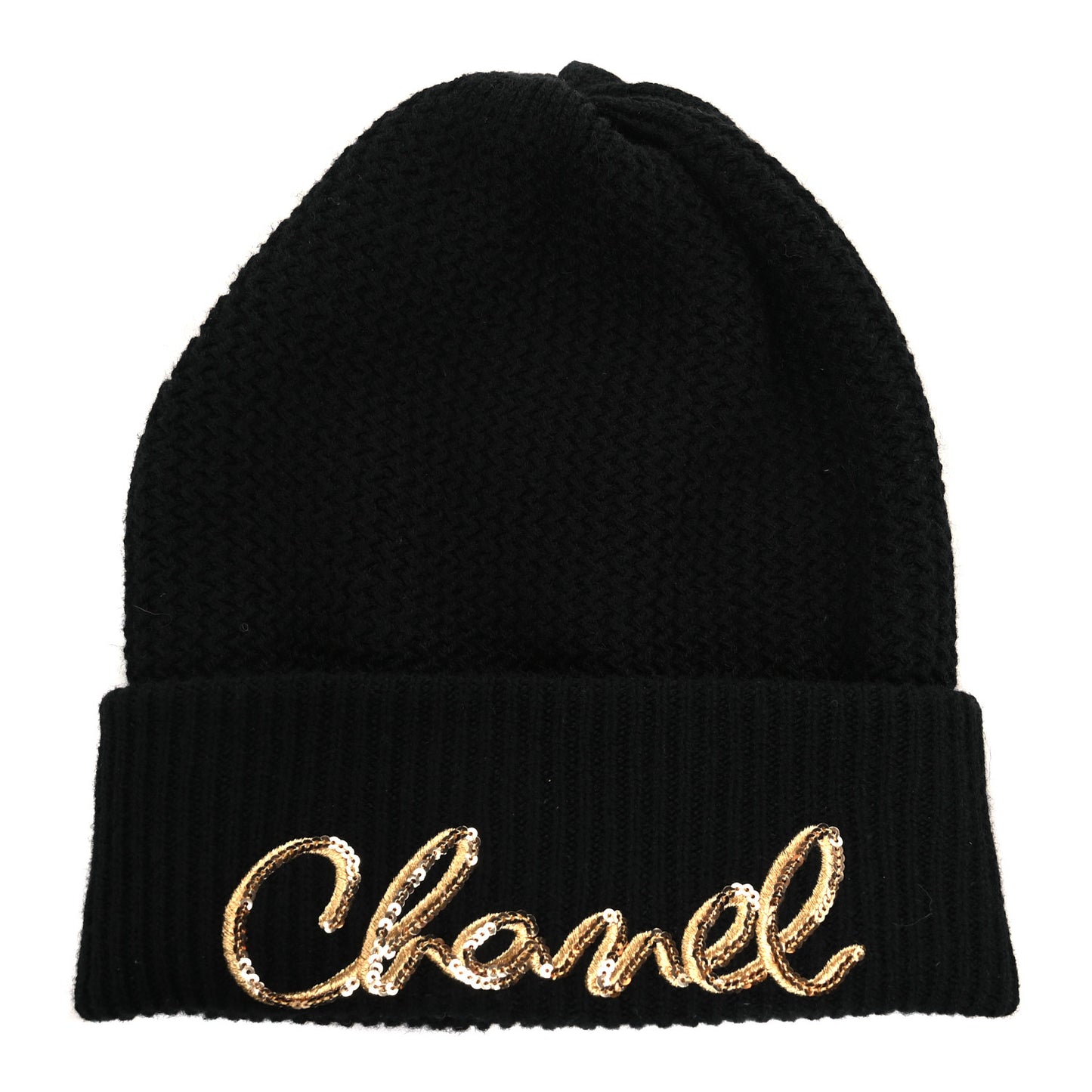 Cashmere Sequin Logo Beanie Hat Black Gold