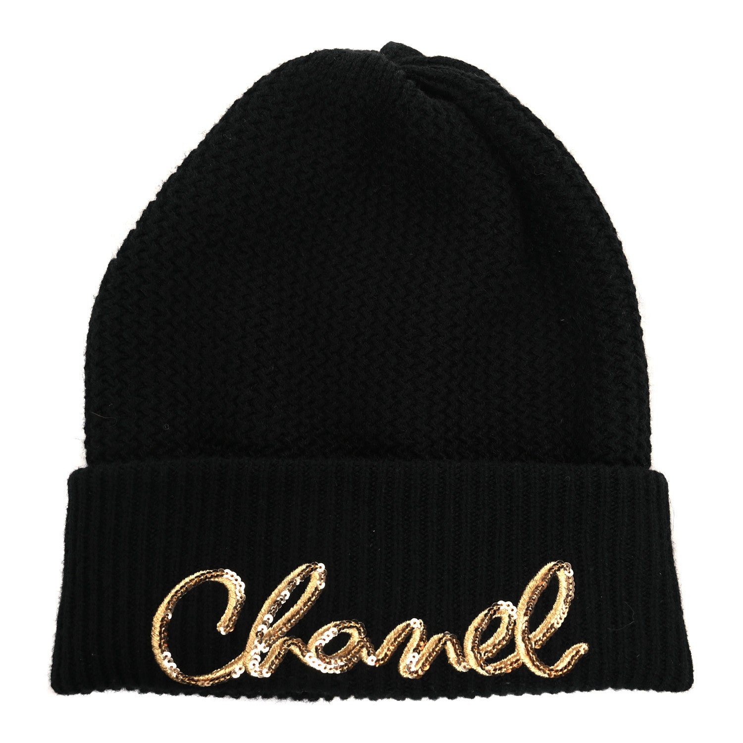 Chanel Cashmere Sequin Logo Beanie Hat Black Gold 1 of 3