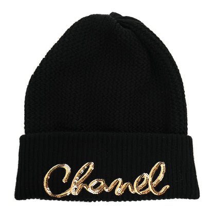 Chanel Cashmere Sequin Logo Beanie Hat Black Gold 1 of 3