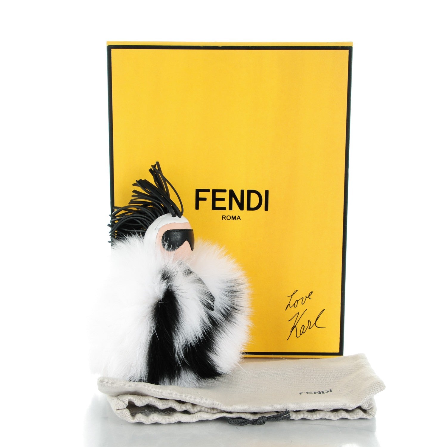 Fendi Lambskin Fox Fur Super Karlito Pom Pom Bag Charm Black White 5 of 5