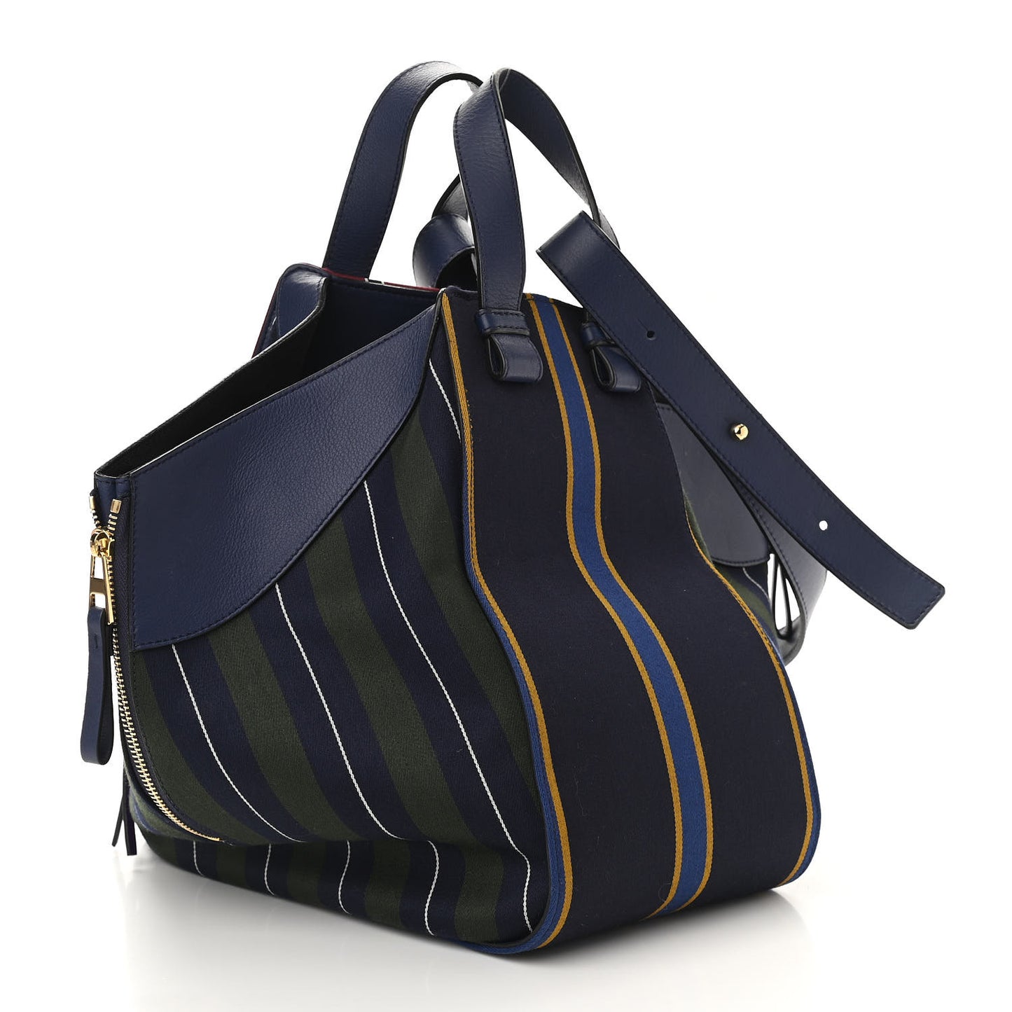 Canvas Calfskin Stripes Hammock Shoulder Bag Blue Red