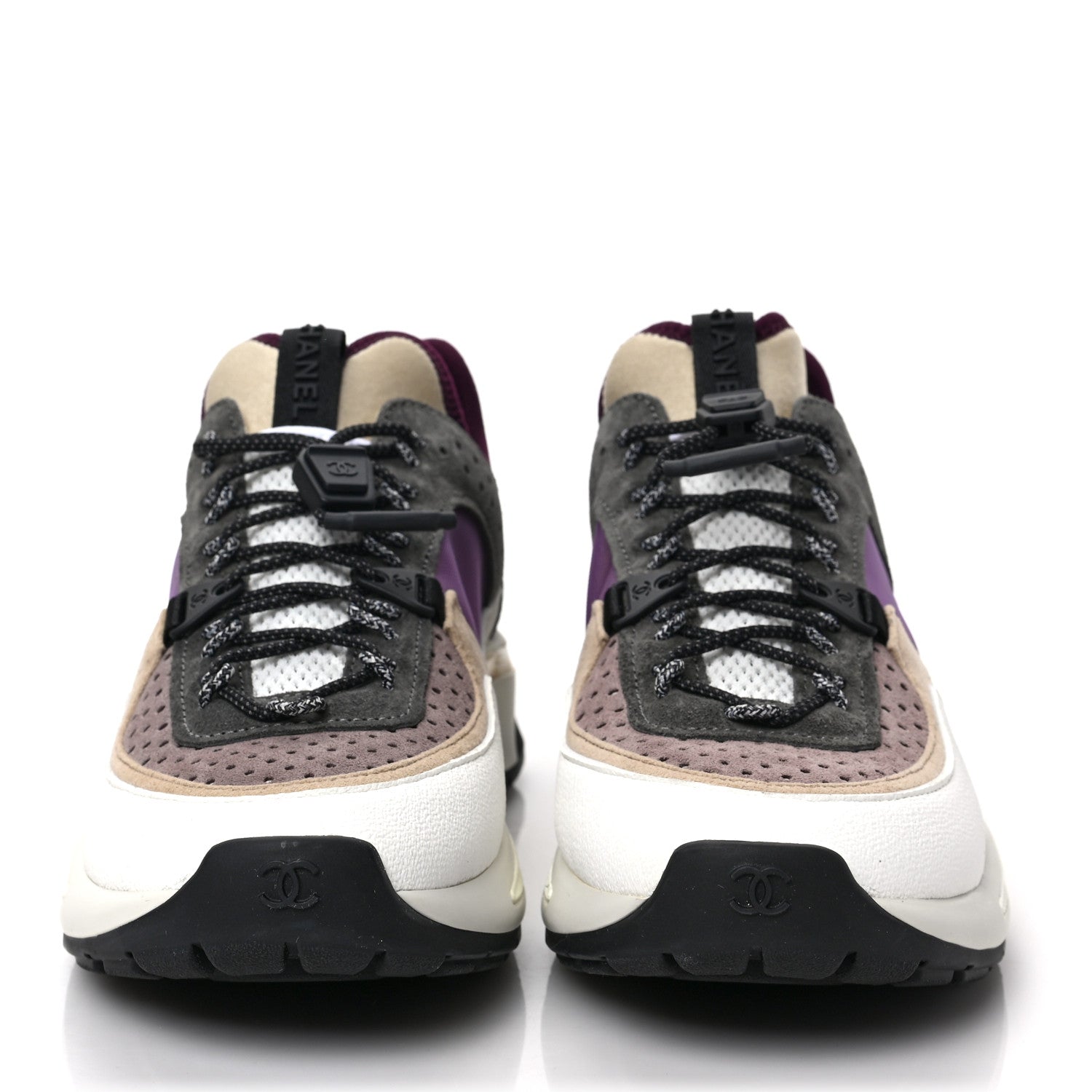 Chanel Fabric Suede Calfskin Mesh Womens CC Sneakers 37 White Grey Purple 2 of 8