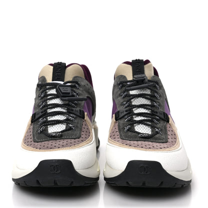 Chanel Fabric Suede Calfskin Mesh Womens CC Sneakers 37 White Grey Purple 2 of 8