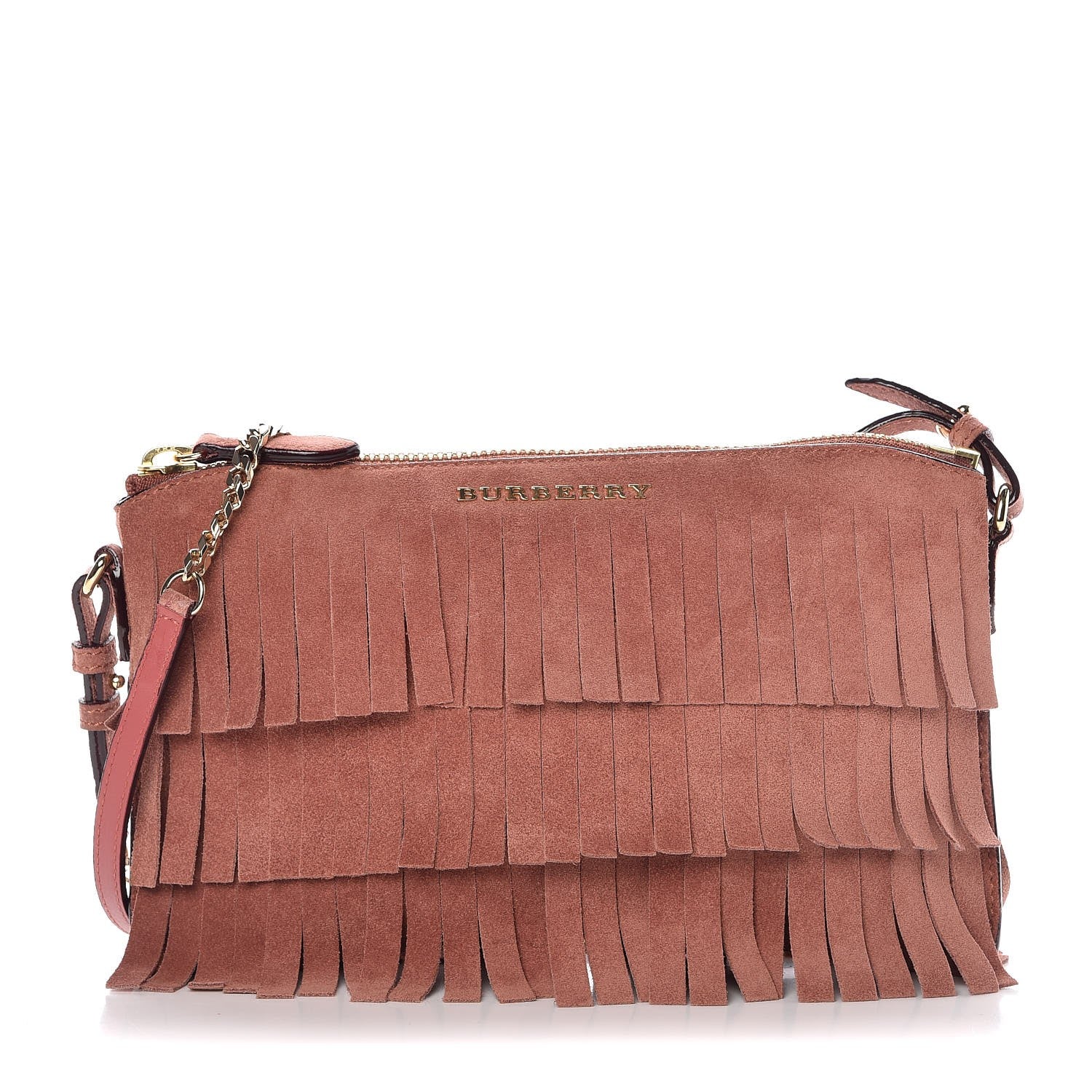 Burberry Suede Fringe Peyton Crossbody Clutch Bag Russet Pink 1 of 8