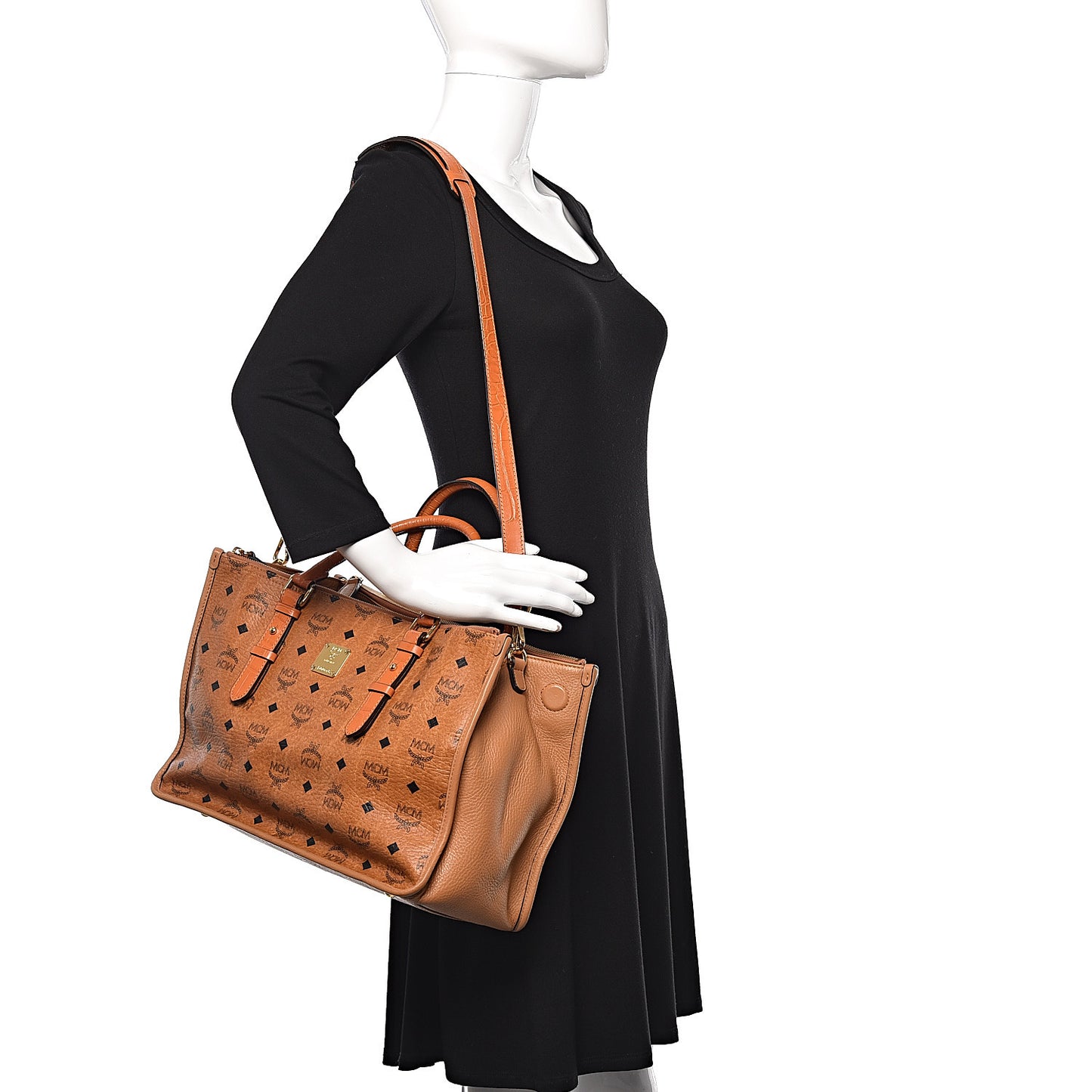 Visetos Calfskin Crocodile Embossed Double Zip Tote Cognac