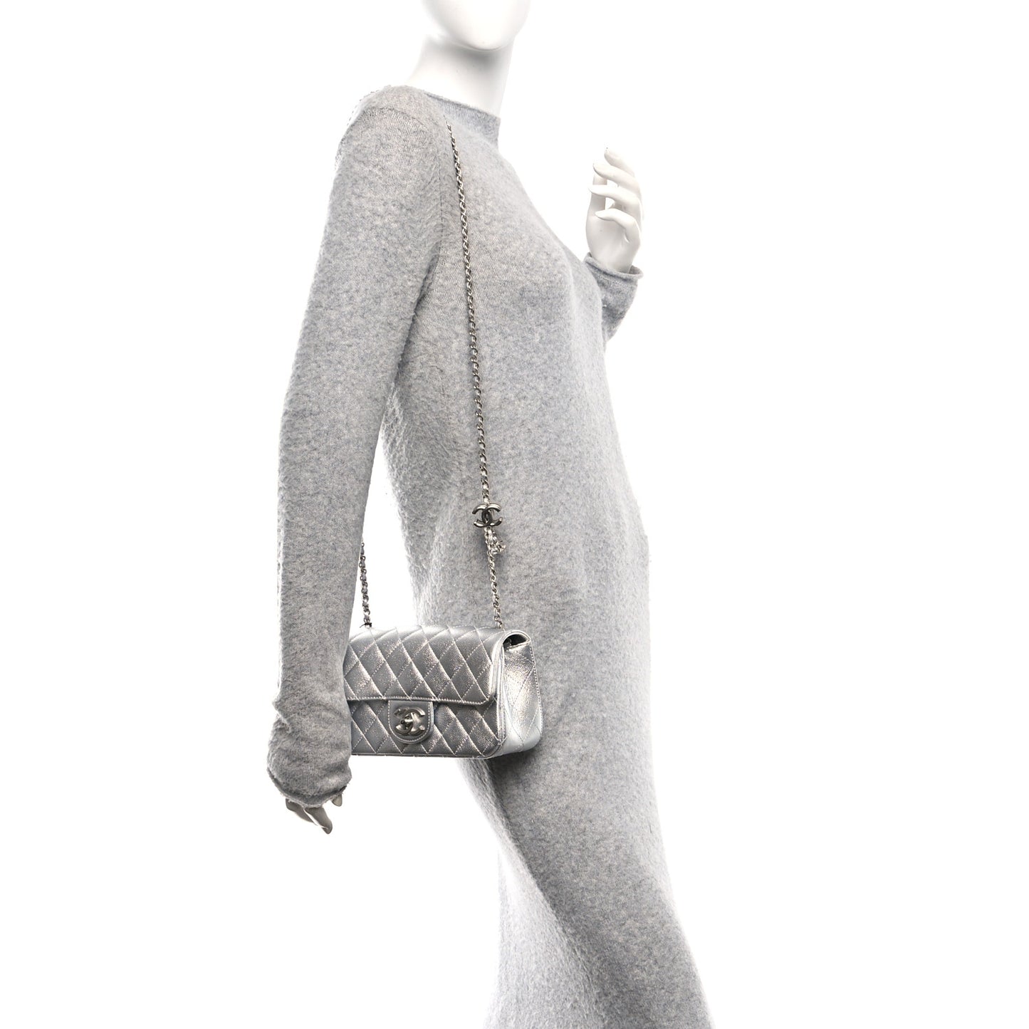 Metallic Caviar Quilted Mini Rectangular CC Slide Flap Silver