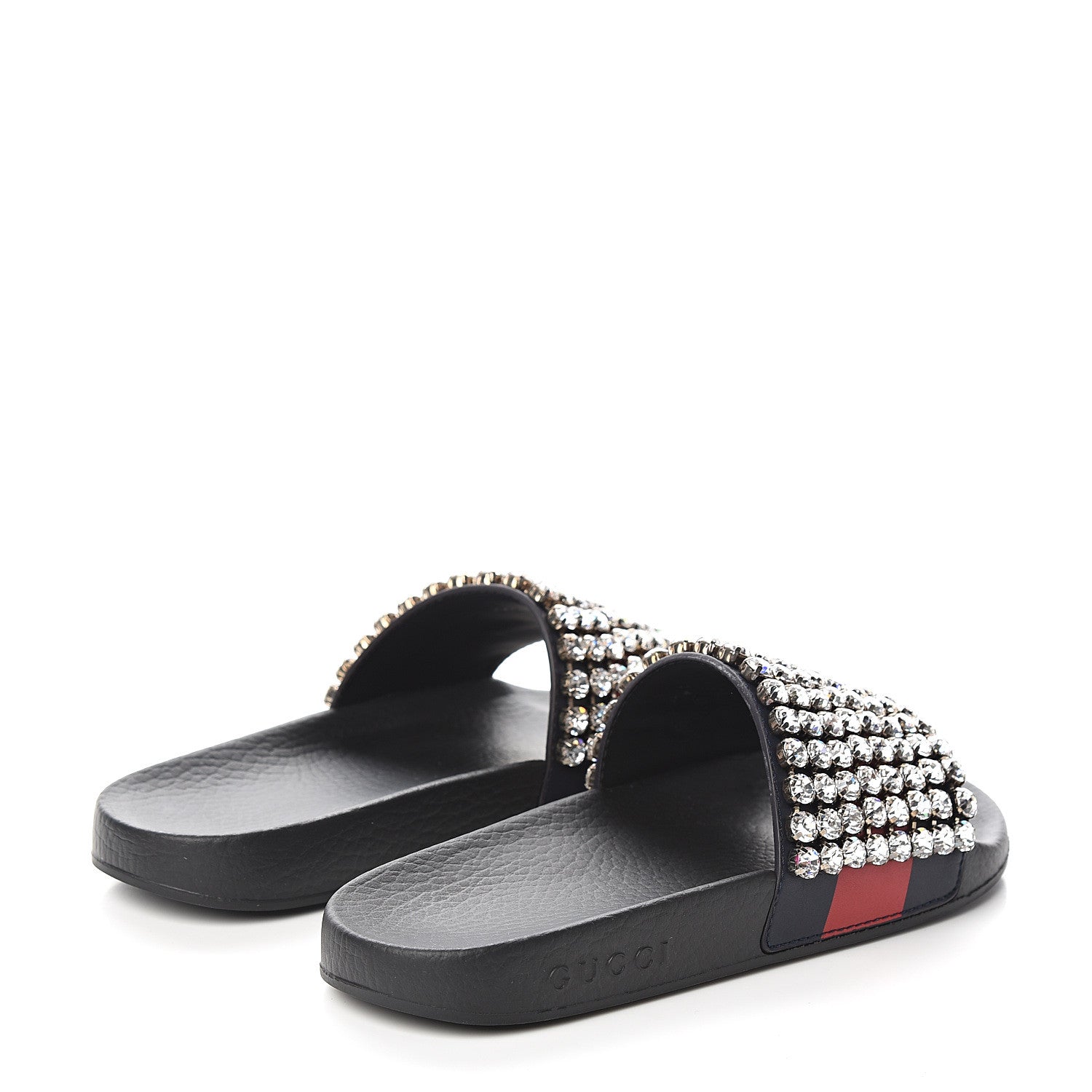 Gucci Calfskin Crystal Embellished Web Slide Sandals 37 Blue Red 4 of 8