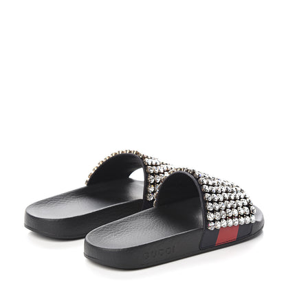 Gucci Calfskin Crystal Embellished Web Slide Sandals 37 Blue Red 4 of 8