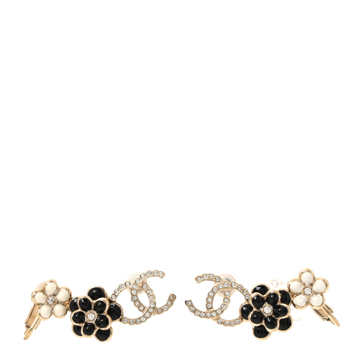 Chanel Crystal Enamel CC Camelia Clip On Earrings Black White 1 of 4