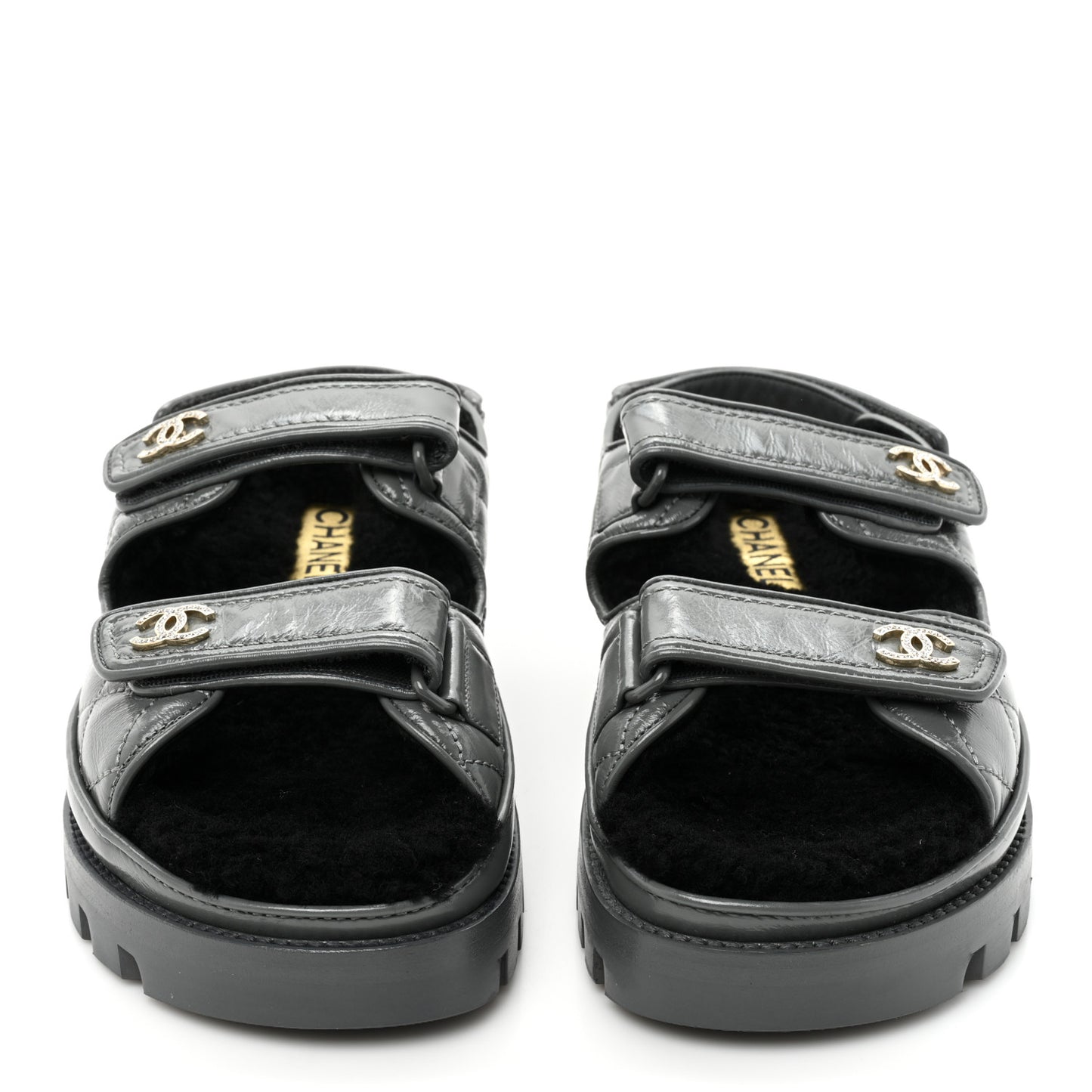 Laminated Lambskin Shearling Crystal CC Velcro Dad Platform Sandals 37 Dark Grey Black