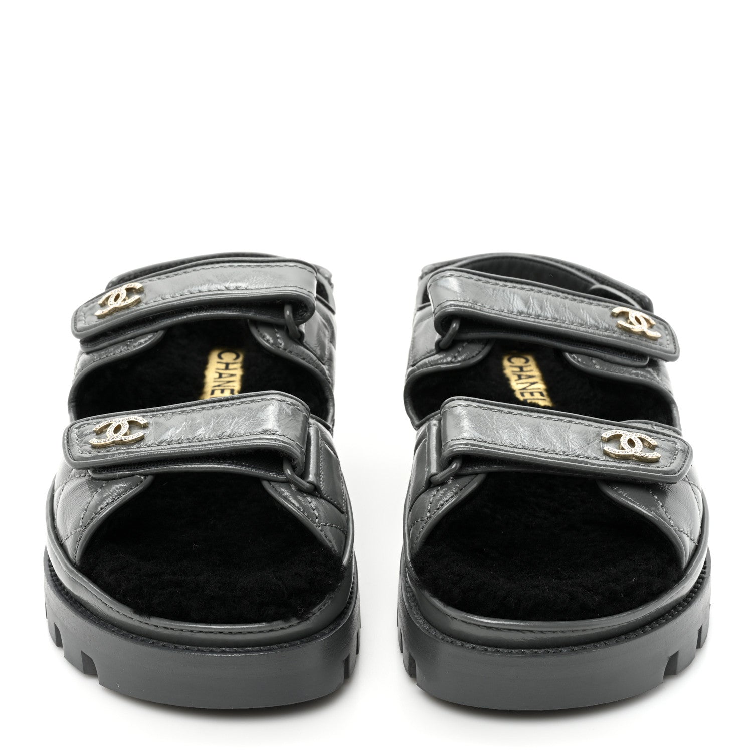 Chanel Laminated Lambskin Shearling Crystal CC Velcro Dad Platform Sandals 37 Dark Grey Black 2 of 8