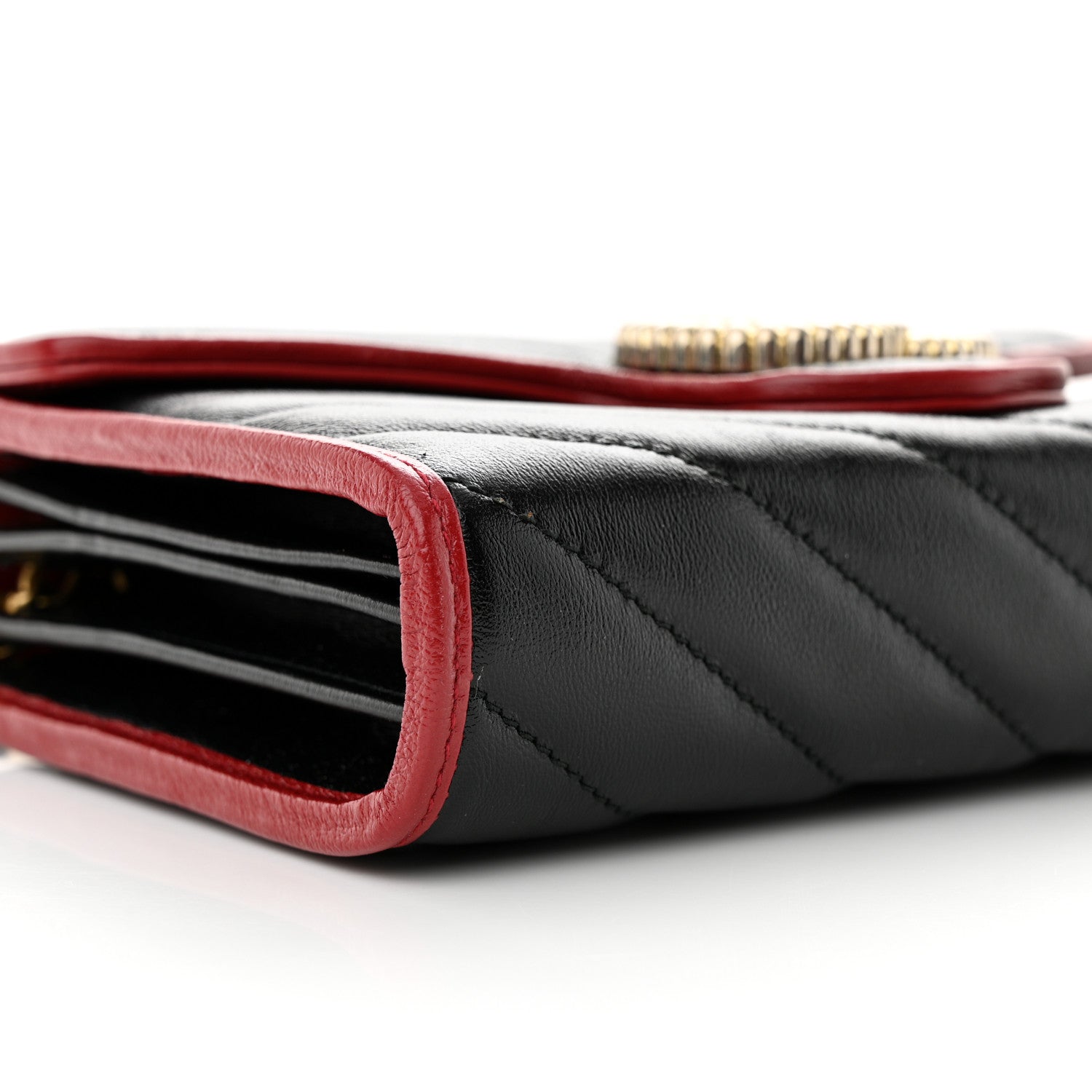 Gucci Vintage Effect Calfskin Matelasse Diagonal Torchon GG Marmont Chain Wallet Black Romantic Cherry 8 of 11