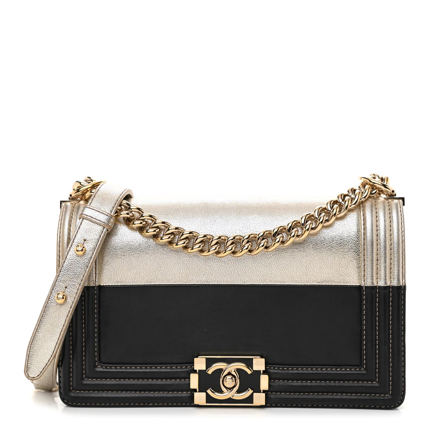 Metallic Goatskin Calfskin Medium Boy Flap Gold Black