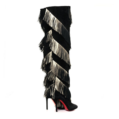 Christian Louboutin Veau Velours Lame Tweed Bolcheva 120 Thigh High Boots 37 Black Platine 4 of 9