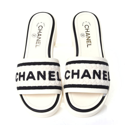 Chanel Lambskin Embroidered Logo Mules 36.5 Ivory Black 6 of 11