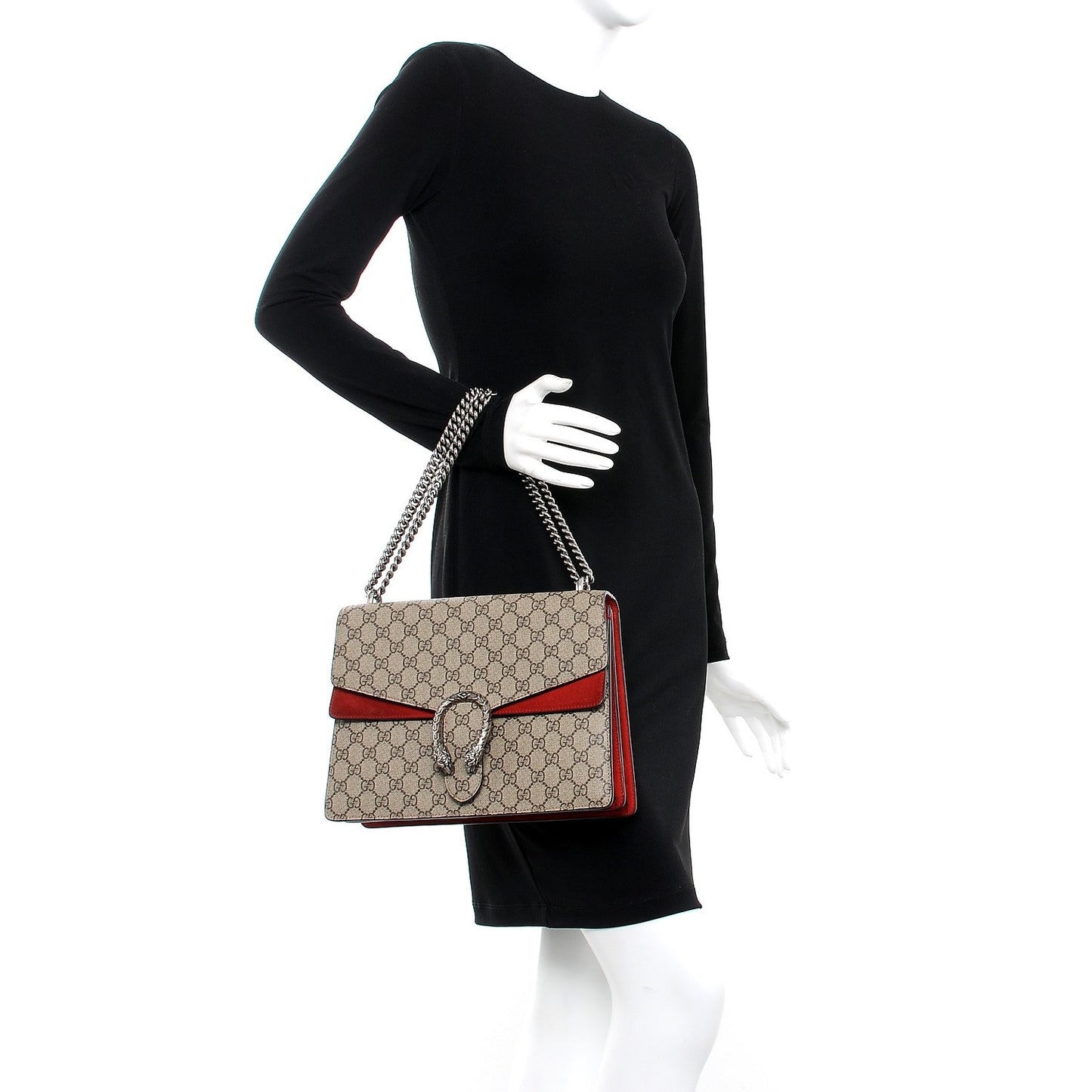 GG Supreme Monogram Suede Cudu Medium Dionysus Shoulder Bag Beige Ebony Vulcanic Red