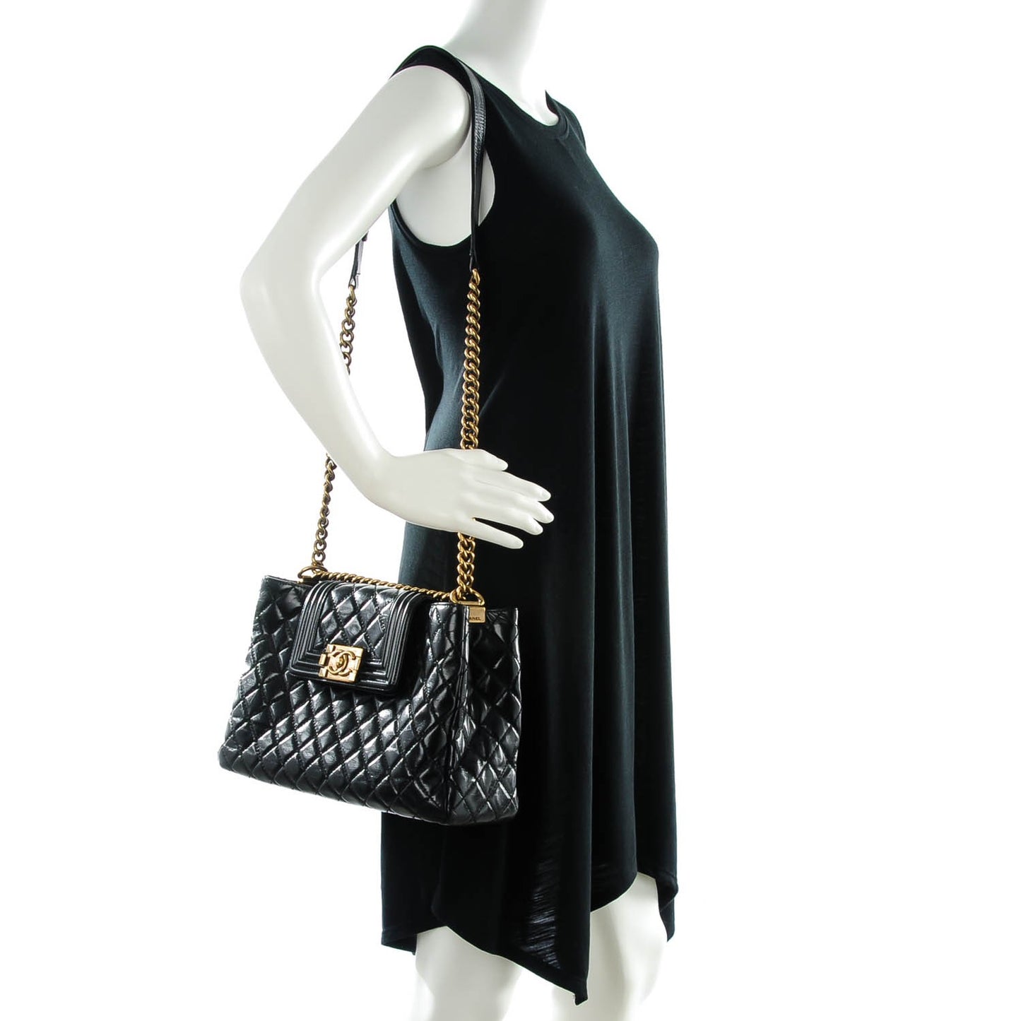 Glazed Calfskin Quilted Boy Tote Black