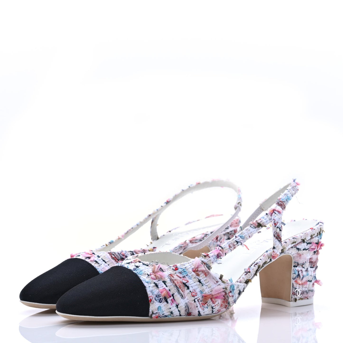Tweed Lambskin Cap Toe CC Slingback Pumps 41 White Multicolor