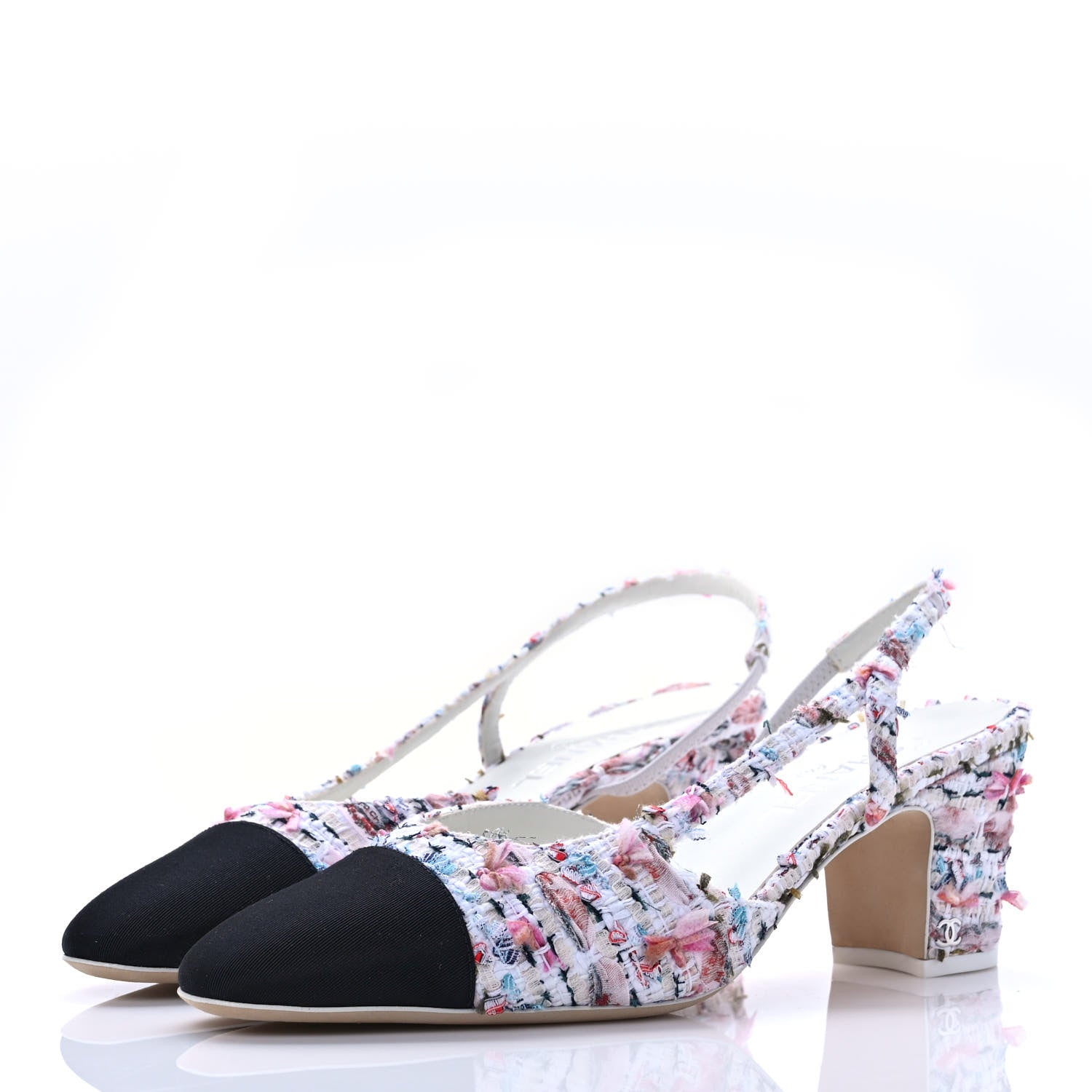 Chanel Tweed Lambskin Cap Toe CC Slingback Pumps 41 White Multicolor 3 of 11