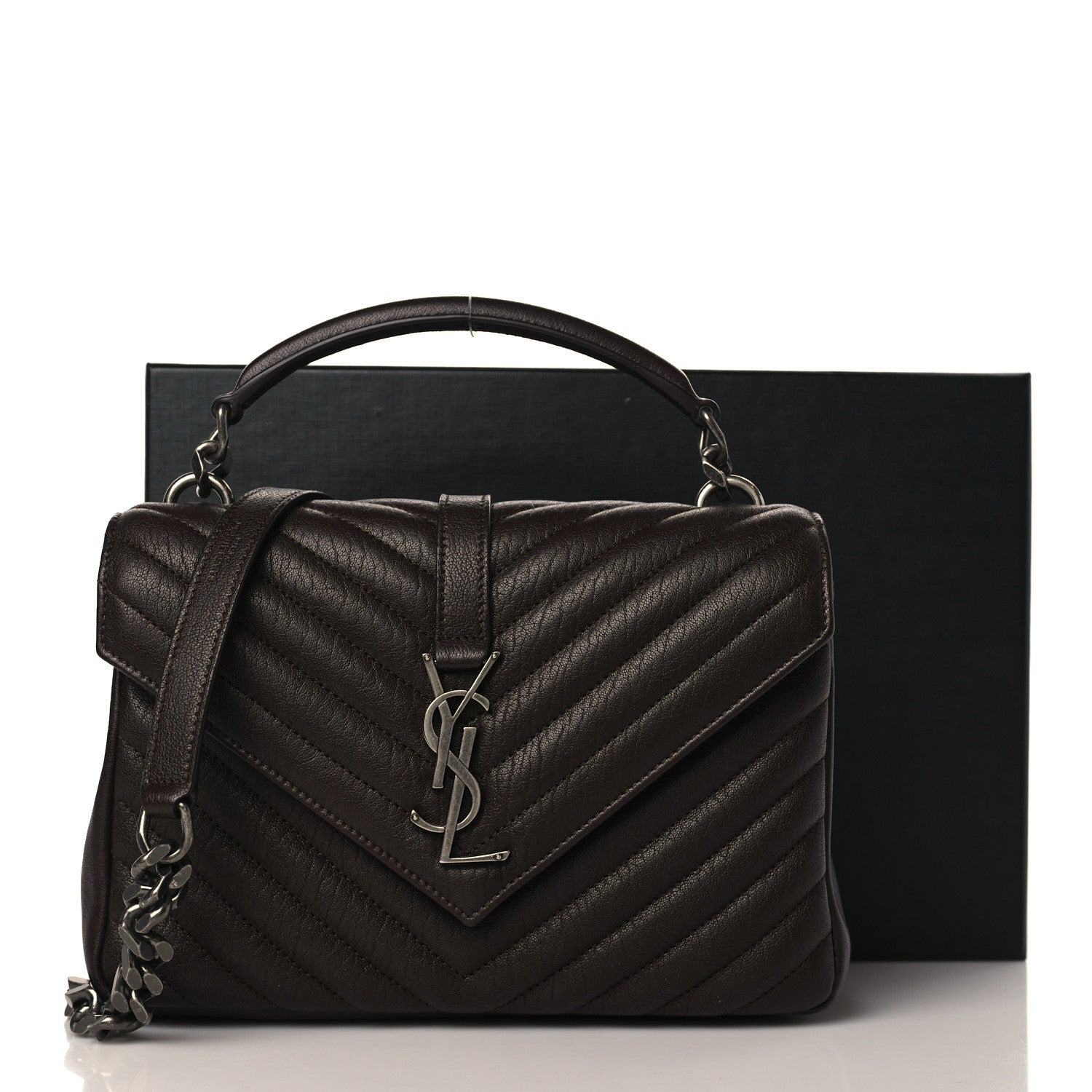 Saint Laurent Sheepskin Matelasse Chevron Monogram Medium College Bag Black Tulip 3 of 10