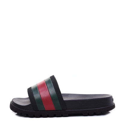 Gucci Rubber Web Mens Lug Sole Slide Sandals 6 Black Green Red 1 of 11