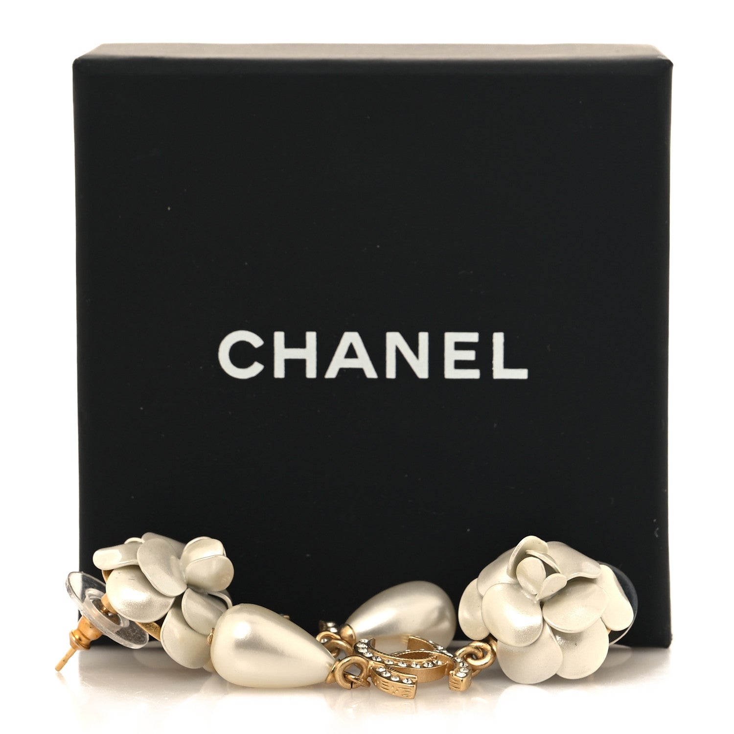 Chanel Metal Crystal Pearl 90s Camellia CC Drop Earrings Gold 5 of 5