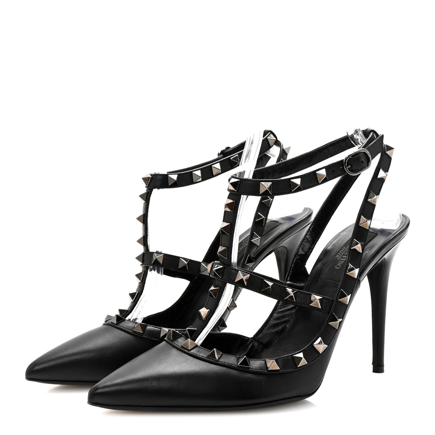 Calfskin Nappa Rockstud Ankle Strap 100mm Pumps 39.5 Black