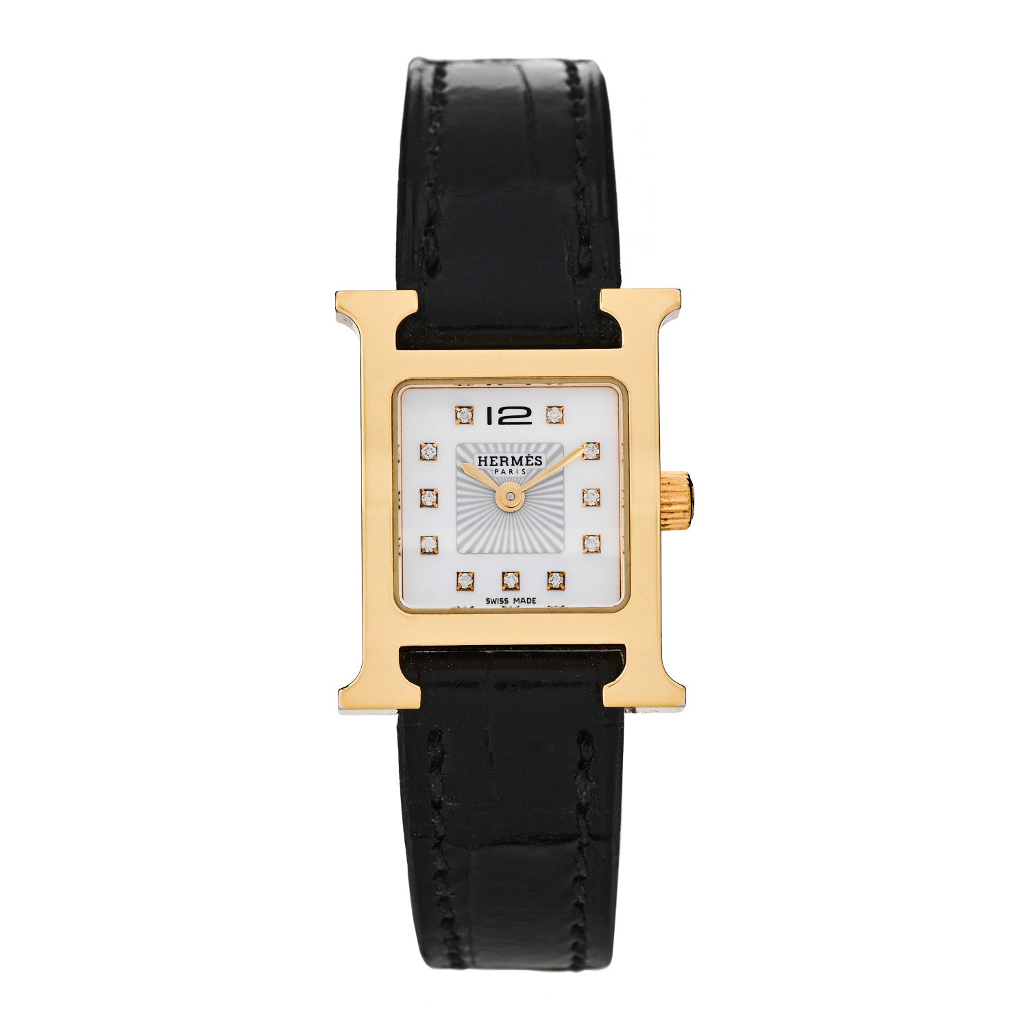 Hermes Stainless Steel Alligator Diamond Mother of Pearl 17.2mm Heure H Hour Quartz Watch Noir 1 of 5