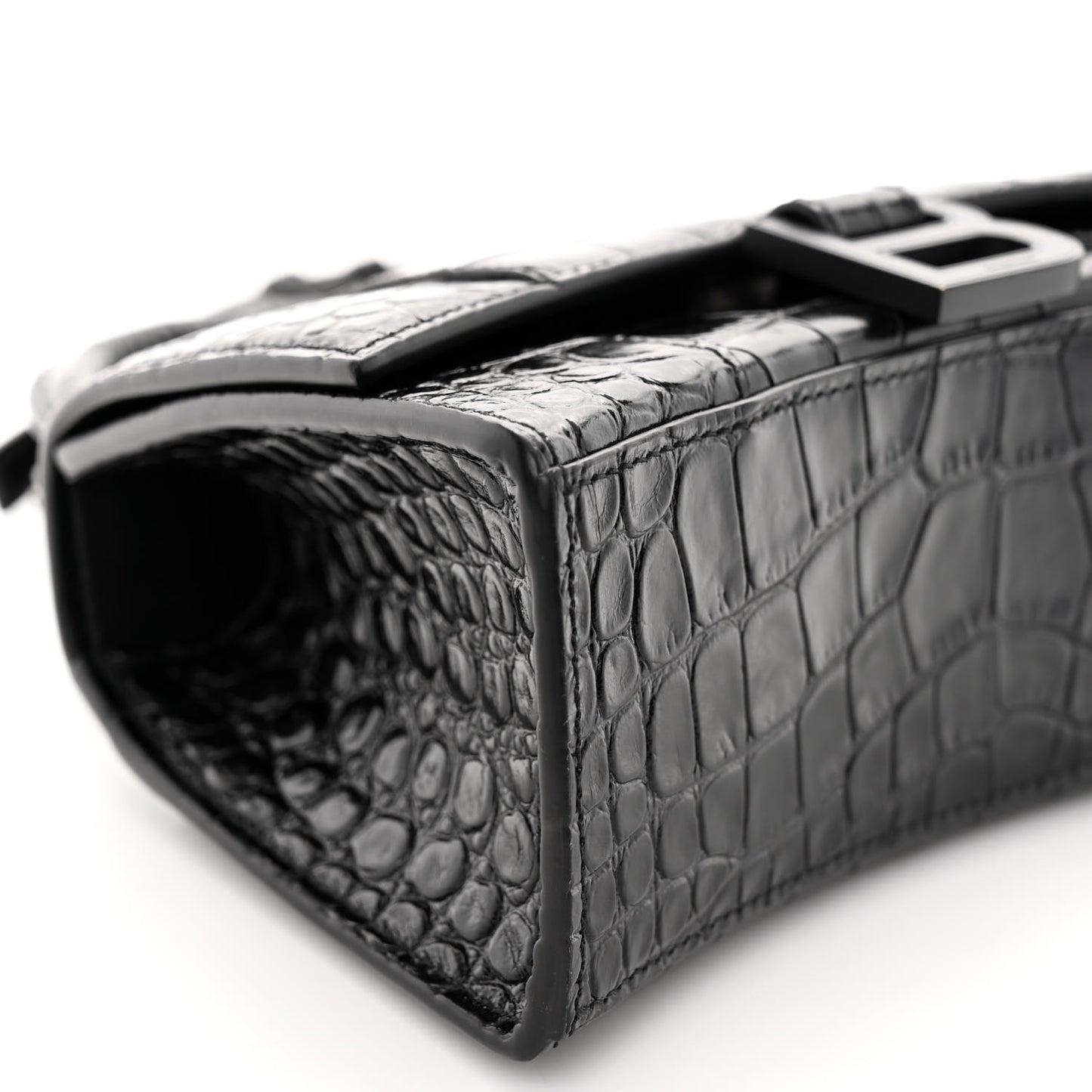 Shiny Calfskin Monochrome Crocodile Embossed Hourglass Top Handle Bag XS Black