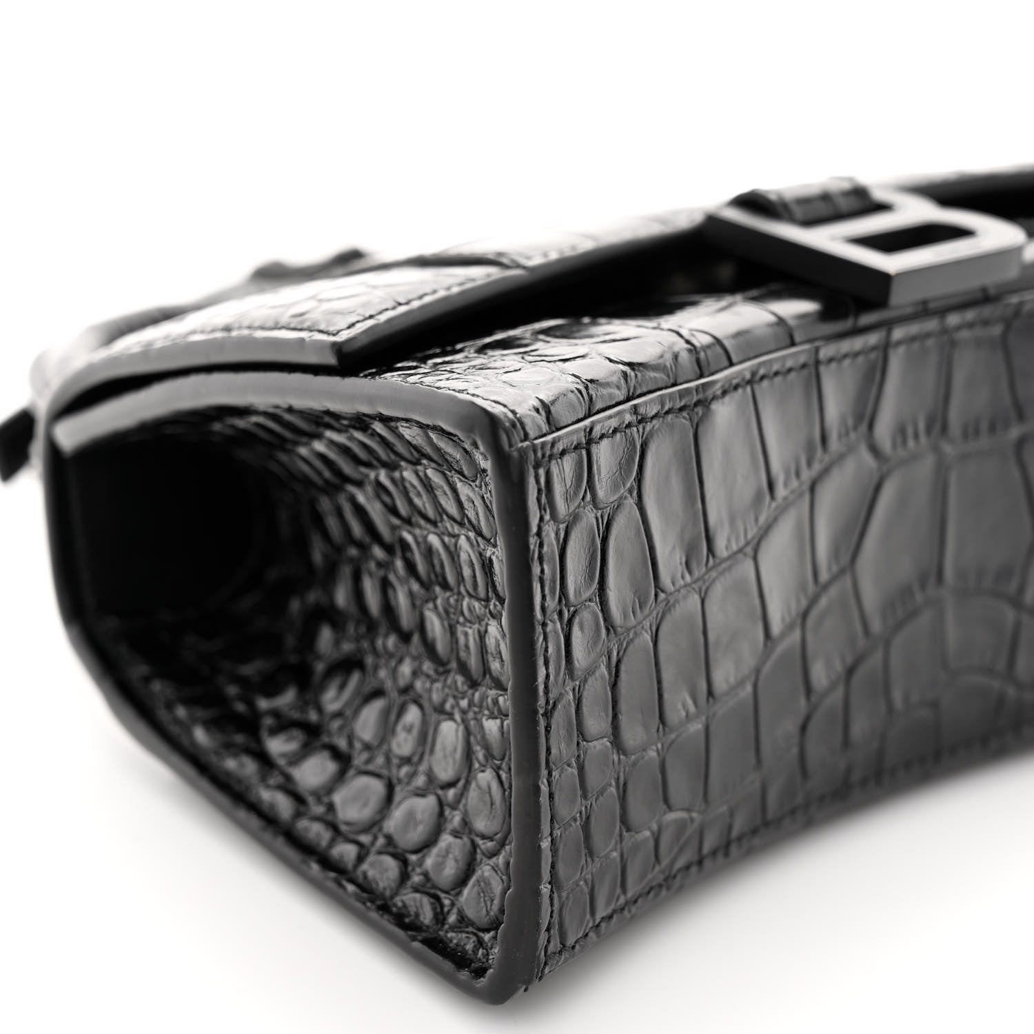 Balenciaga Shiny Calfskin Monochrome Crocodile Embossed Hourglass Top Handle Bag XS Black 8 of 10