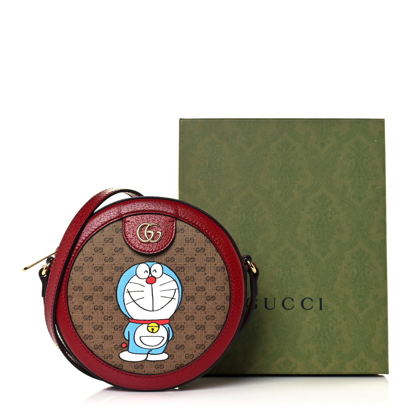 X DORAEMON Mini Vintage GG Supreme Monogram Mini Round Shoulder Bag Beige Cherry Red