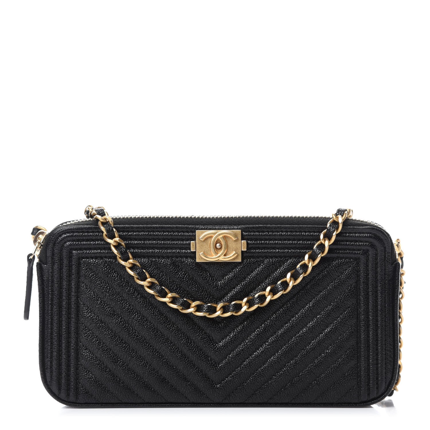 Chanel Caviar Chevron Small Boy Clutch With Chain Black 1 of 12