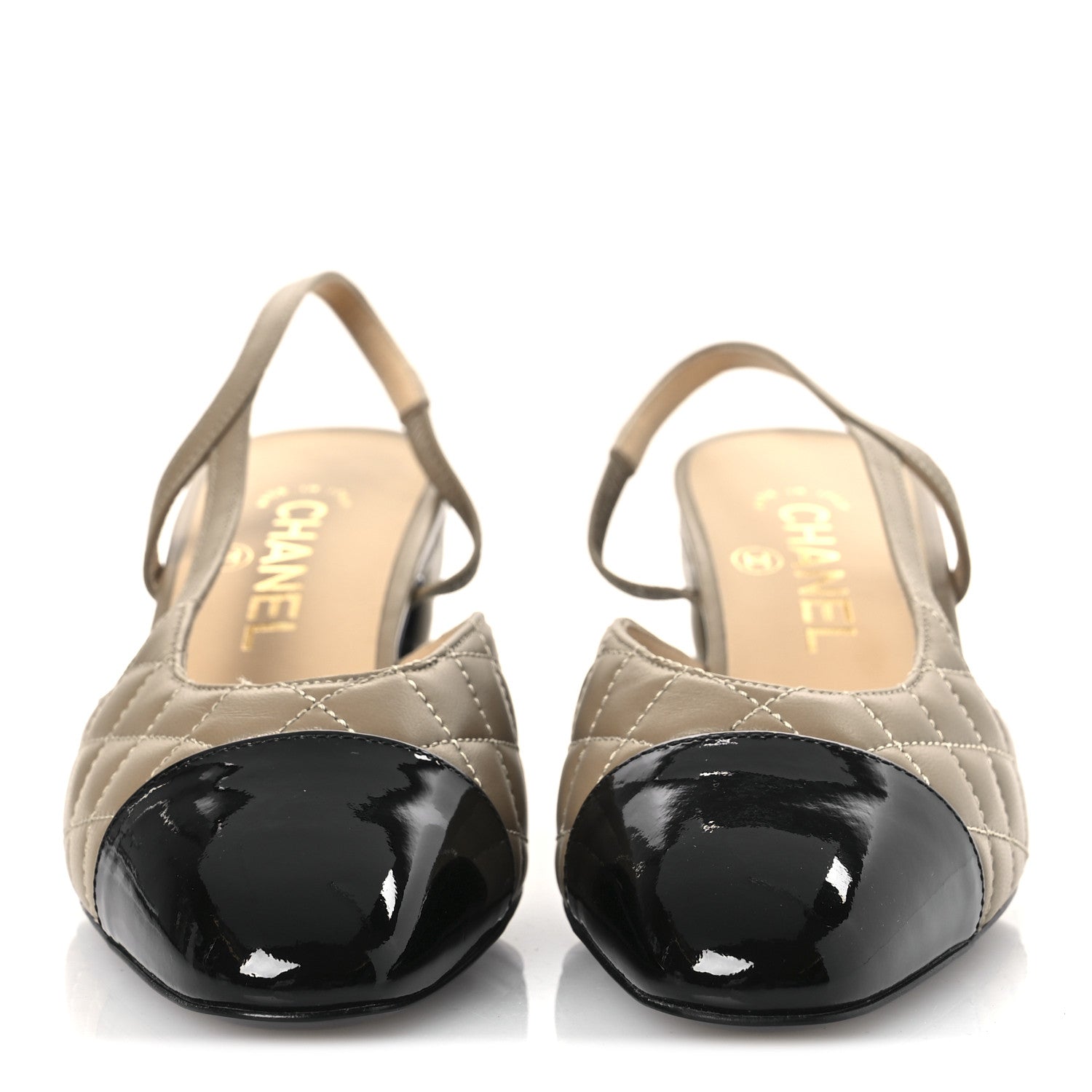 Chanel Lambskin Patent Calfskin Quilted Cap Toe CC Slingback Pumps 37.5 Beige Black 7 of 36