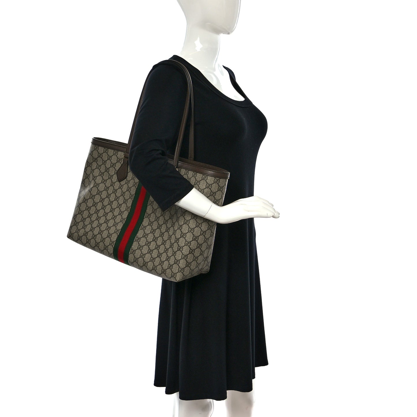 GG Supreme Monogram Textured Calfskin Web Medium Ophidia Shopping Tote Beige Ebony New Acero