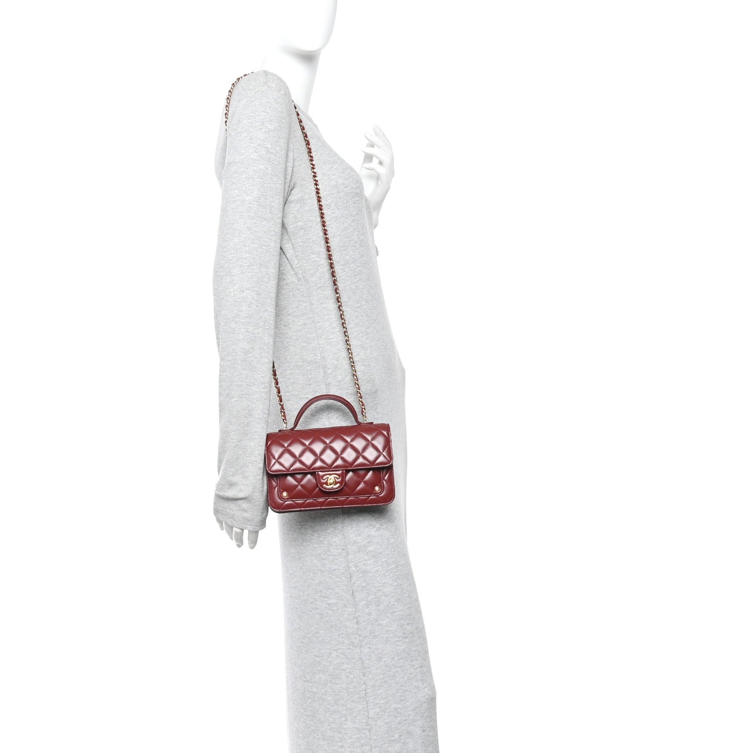 Chanel Lambskin Quilted Top Handle Clutch With Chain Burgundy 2 of 11