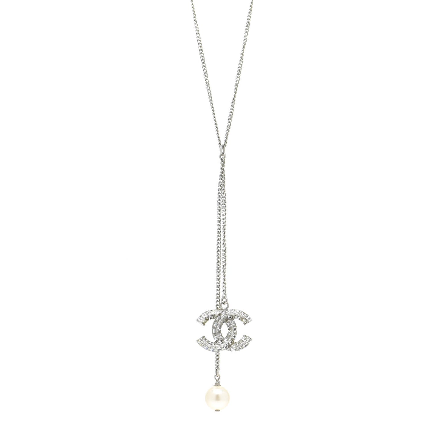 Baguette Crystal Pearl CC Lariat Necklace Silver