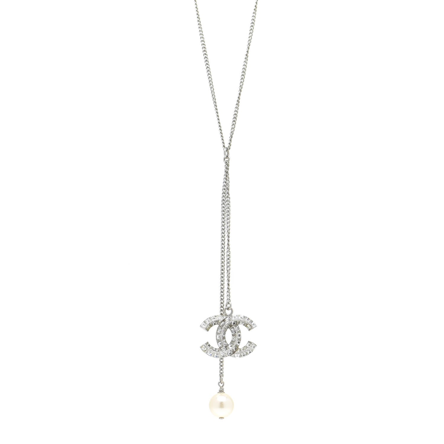Chanel Baguette Crystal Pearl CC Lariat Necklace Silver 1 of 6