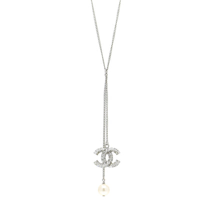 Chanel Baguette Crystal Pearl CC Lariat Necklace Silver 1 of 6