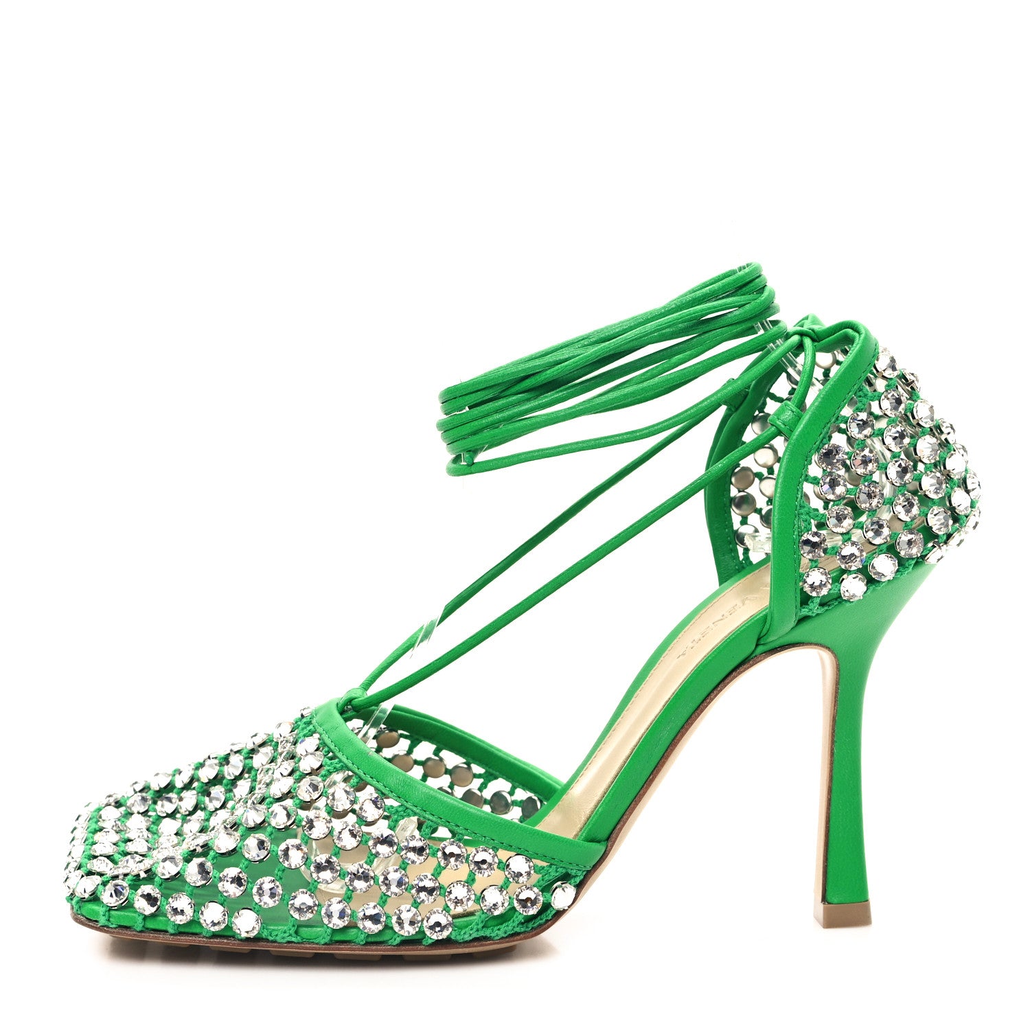 Bottega Veneta Mesh Nappa Crystal Embellished Sparkle Stretch Ankle Tie Sandals 38 Parakeet 1 of 7